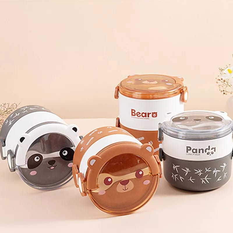 Lunch Box Set Bulat 2 Tingkat 2000ML Tempat Makan Motif Panda Beruang Lucu Dengan Sendok / Kotak Bekal Anti Tumpah Portable Set