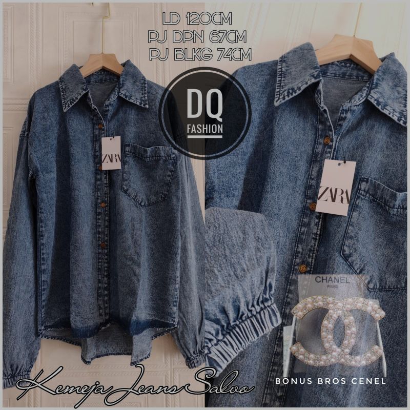 Kemeja Jeans Korea Atasan Wanita Denim Jin Casual Formal Premium Oversize Bisa Jumbo