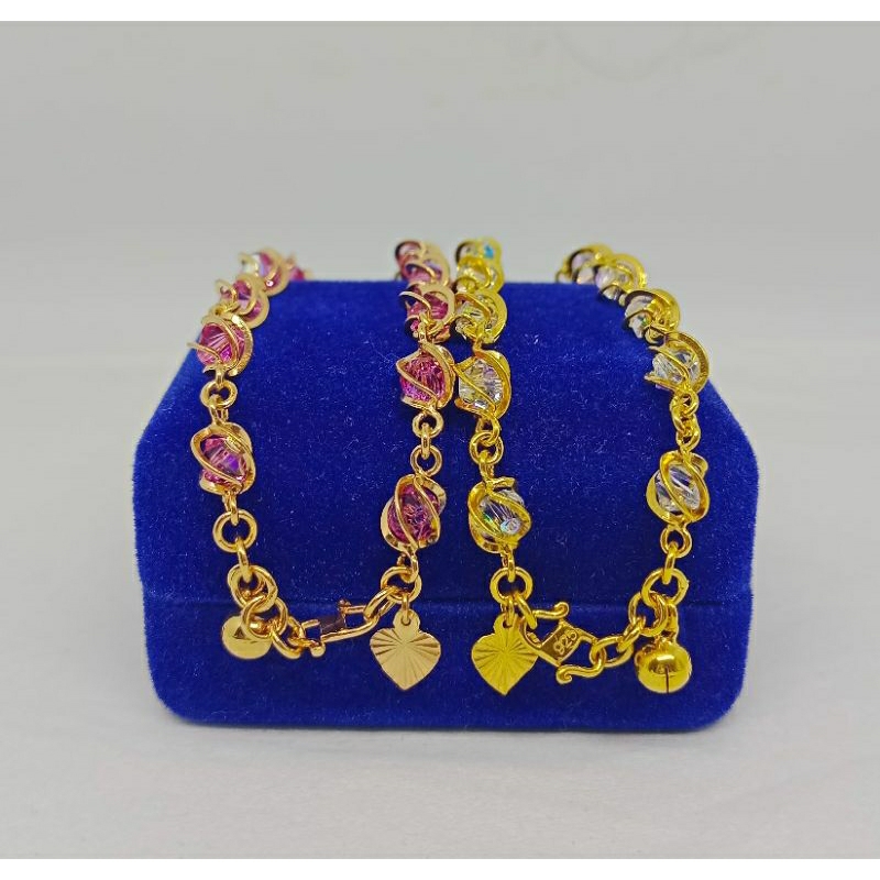 gelang tangan rantai kristal+1bel+1love ukir/perak asli silver 925 lapis emas/perhiasan fashion terbaru