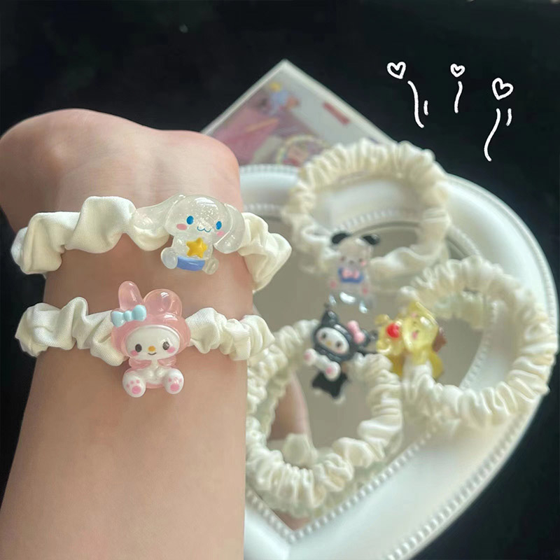 Ikat rambut sanrio Tali rambut Satin Kartun rambut Cinnamoroll Dog Lipit Cincin Rambut Gadis Manis Lucu Karet Gelang