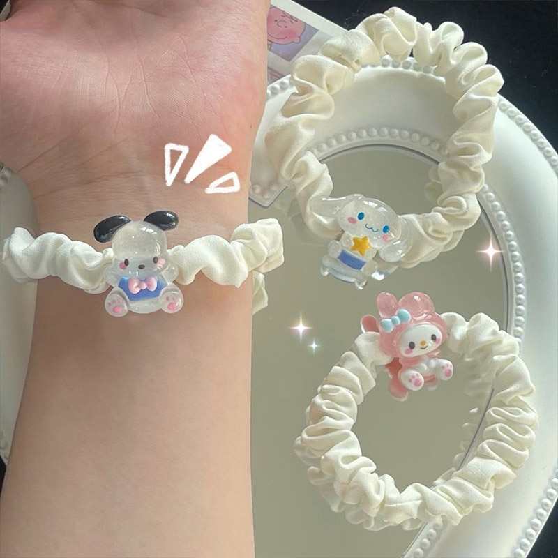 Ikat rambut sanrio Tali rambut Satin Kartun rambut Cinnamoroll Dog Lipit Cincin Rambut Gadis Manis Lucu Karet Gelang