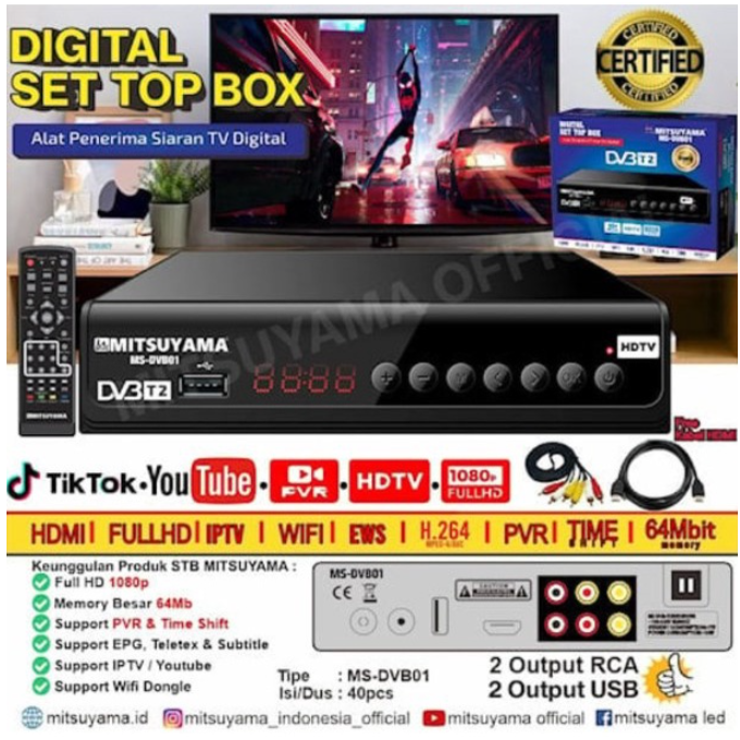 Receiver TV Digital Set Top Box Mitsuyama DVB-T2 STB DVBT2 MS DVB01