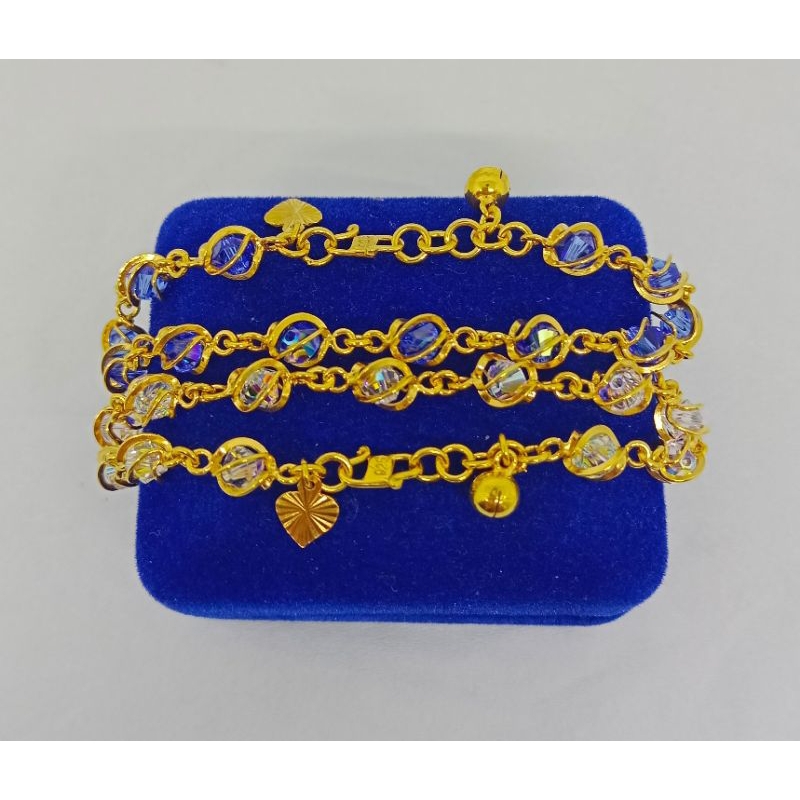 gelang tangan rantai kristal sangkar +1 love ukur + 1 bel / gelang peram asli silver 925 lapis emas/ gelang fashion terbaru