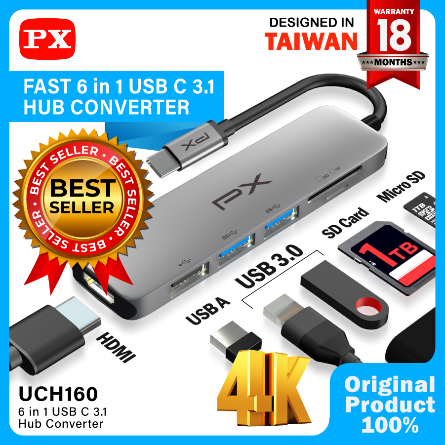 Type C 3.1 to HDMI Hub Converter USB 3.0 Micro SD 6 in 1 PX UCH160D