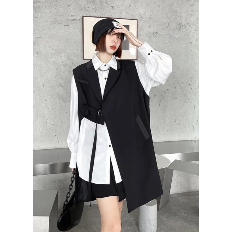 Blazer Zigzag asimetric harajuku / vest korean style / rompi hitam korea