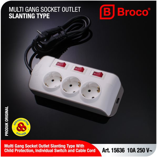 Broco Stop Kontak 3 Lubang Miring CP 15636 + Saklar Lampu Tersendiri + Kabel 1.5M