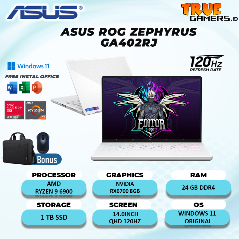 ASUS ROG ZEPHYRUS GA402RJ RX6700 8GB RYZEN 9 6900 24GB 1TBSSD Win 11 14.0QHD 120HZ