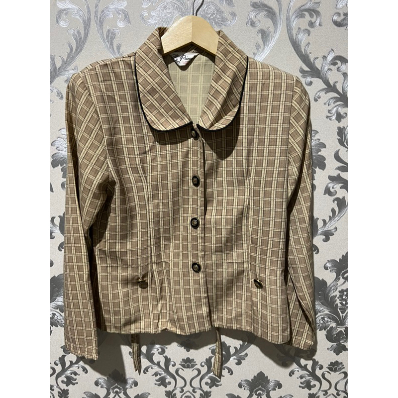 Blazer wanita vintage-blazer wanita motif kotak lengan panjang