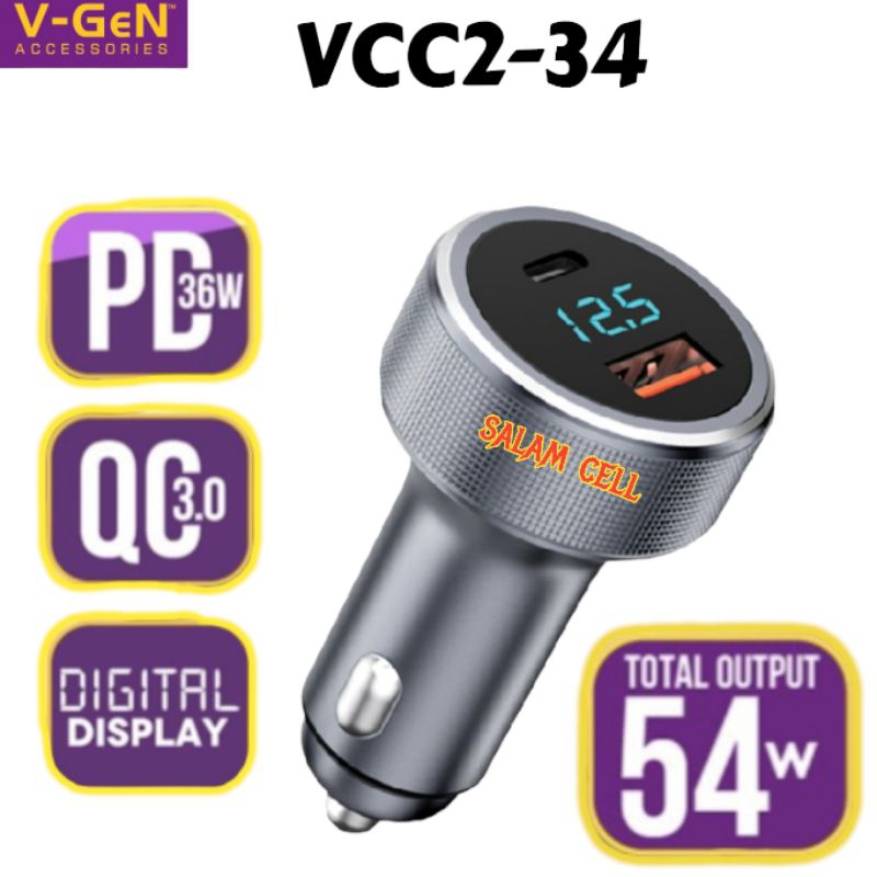 Charger Mobil V-Gen VCC2-34 Fast Car Charger USB 2 PORT PD 54W QC3.0 Digital Display Indicator Garansi Resmi