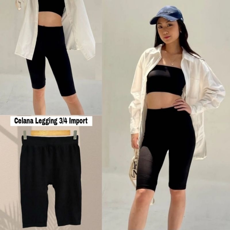 Celana Legging Pendek Selutut 3/4 Wanita Import Premium Polos Tebal Fit S-XXL ( Bb 35-80 kg )