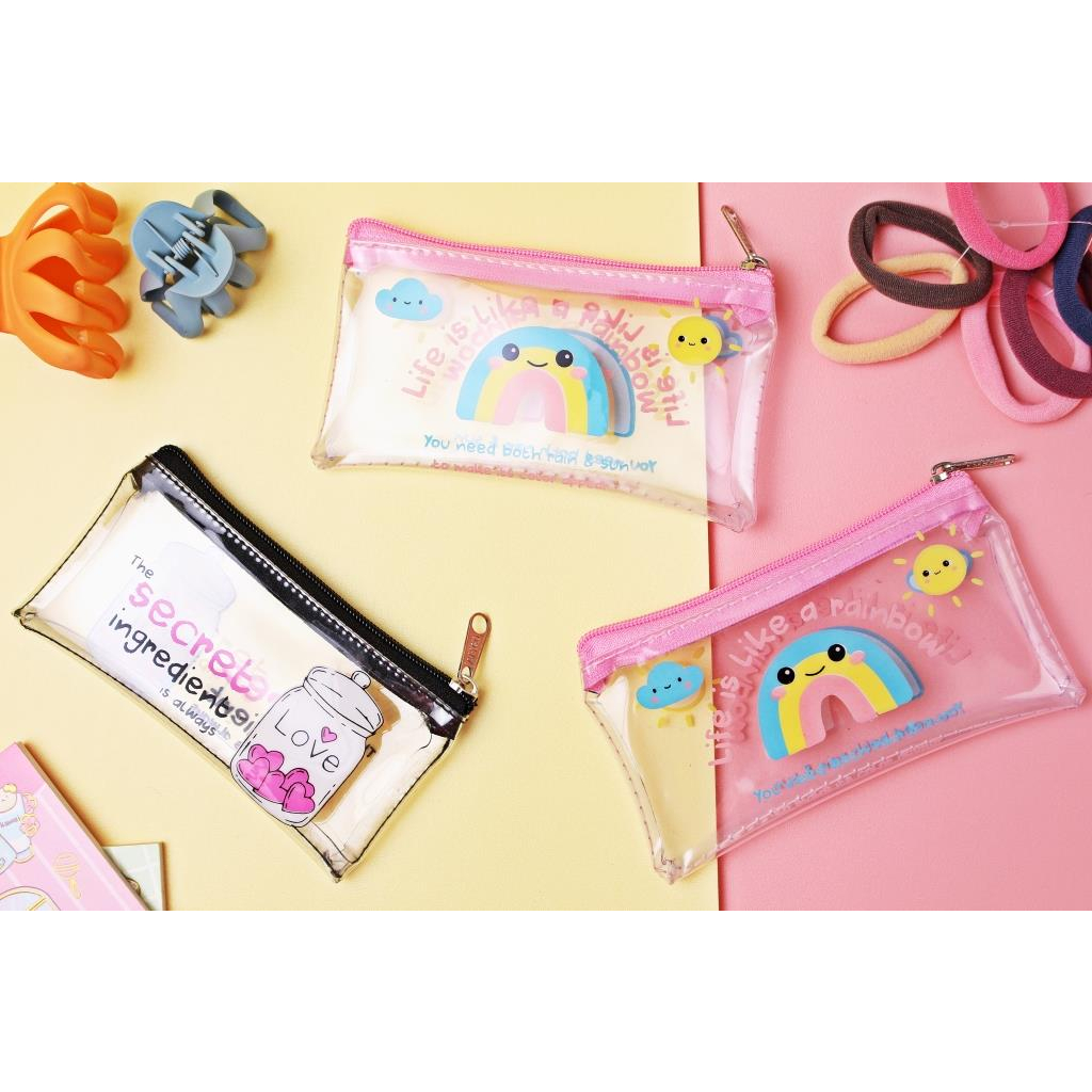 Dompet Koin Resleting Mini Transparan Warna Motif Colorfull Lucu Tempat Uang Kartu Bukan Import