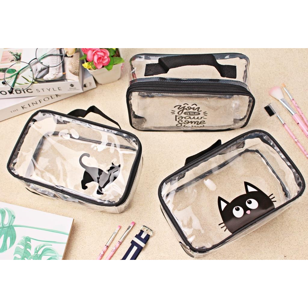 Tas Mika Transparan Bening Motif Ukuran Medium Anti Air Pouch Make Up Aesthetic Waterproof Dompet Kosmetik Portable Travel Kapasitas Besar