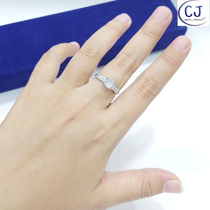 Cincin Perak Asli Silver Wanita 925 Lapis Emas Putih Model Desi Variasi Permata 4Baris Model Diamond - Perhiasan Perak Asli