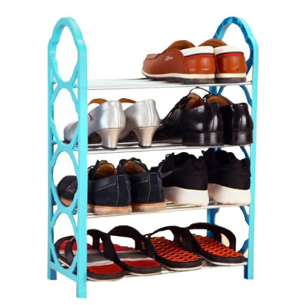 Rak sepatu warna 4 susun plastik dan aluminium cantik portable multifungsi