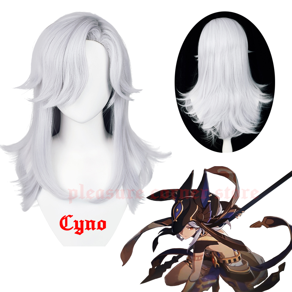 Genshin Impact Cyno Cosplay Wig Long Silver White Wig Cosplay Anime Cosplay Wigs Heat Resistant Synt