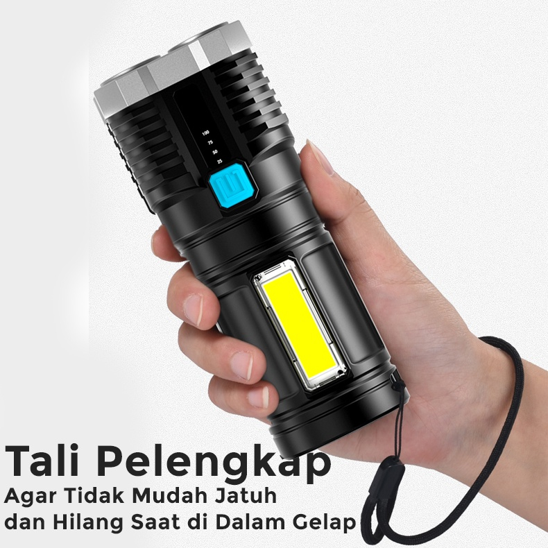 Senter 4 LED Super Terang Rechargeable + COB Senter Led Jarak Jauh + COB