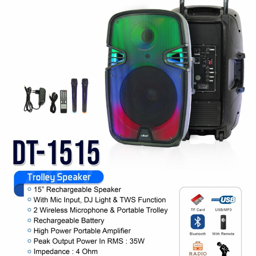 Speaker Portable 15 inch DAT DT 1515 DT1515 DT-1515 Bluetooth Full RGB