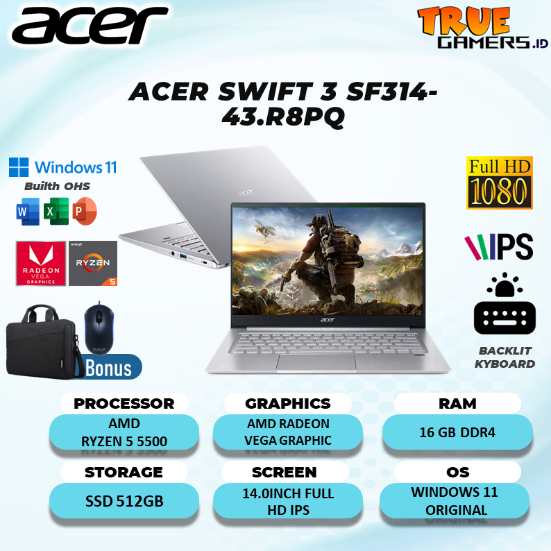 Laptop Acer Swift 3 SF314 RYZEN 5 5500 16GB 512SSD VEGA7 Win11 OHS 14.0FHD IPS FP BLIT