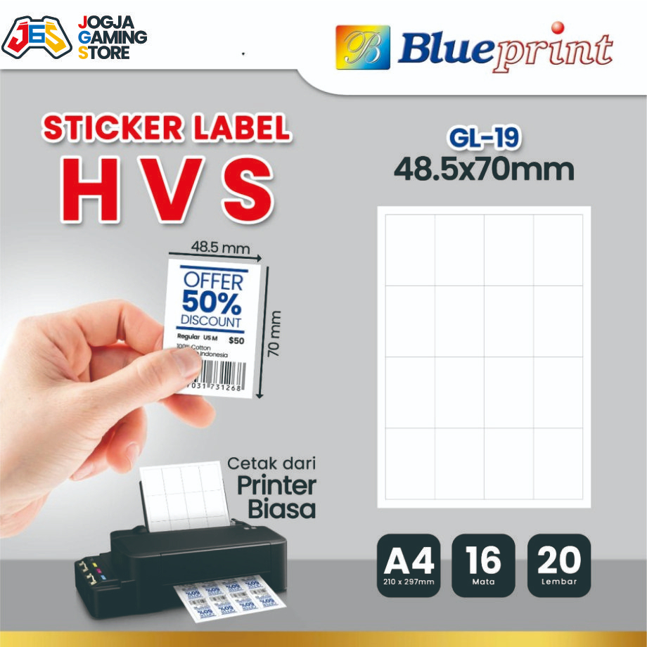 

Kertas Stiker Label HVS Doff A4 BLUEPRINT Uk 48,5 x 70 mm - 20 lembar