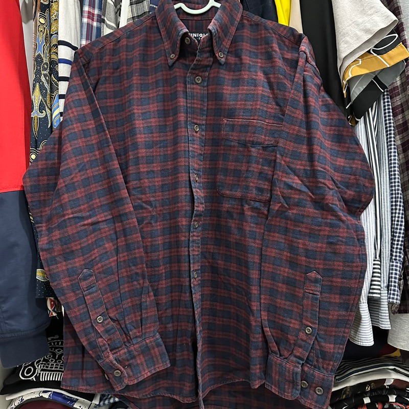 uniqlo flannel maroon navy kemeja kotak kotak second