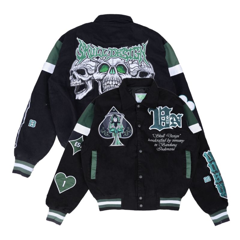 JAKET VARSITY SKULL DESIGN BY VONSEEY JACKET VINTAGE FULL BORDIR