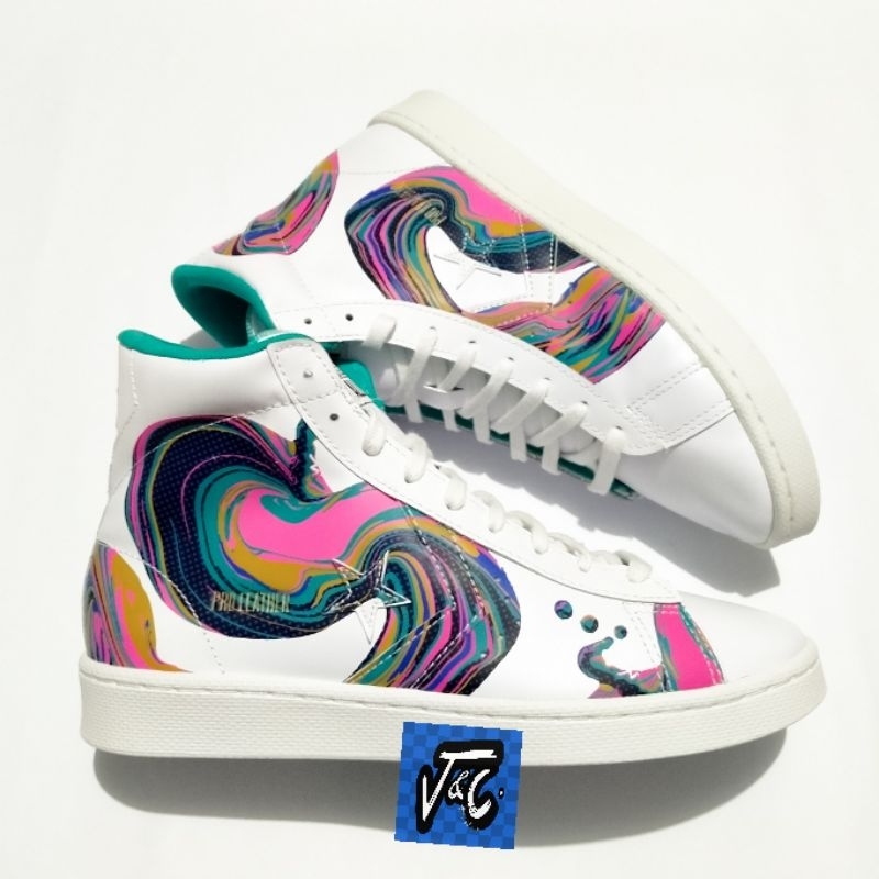 Sepatu Converse Pro Leather 90s Marbled Throwback Print Hi White Pink