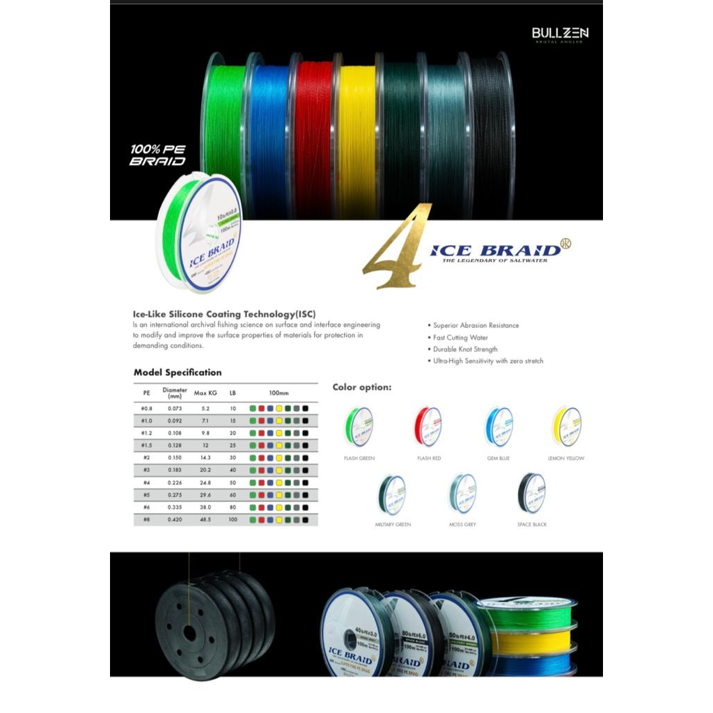 Senar Pancing X4 Bullzen CONNECTING PE Ice Braided 100-600 M (PE 0,8-PE 4 atau 10 LBS-50 LBS) KUAT