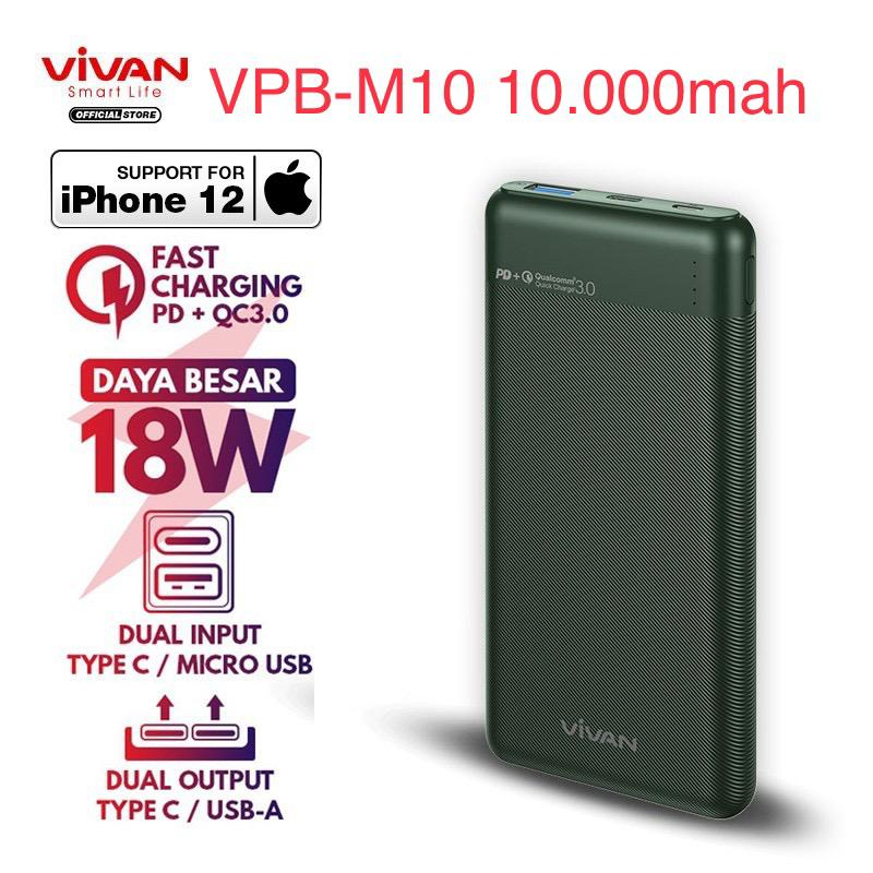 NEW~Powerbank VIVAN VPB-M10 / VPB-X10 10000 mAh Power Bank Original Fast Charging 18W QC3.0 PD 2 Input 3 Out