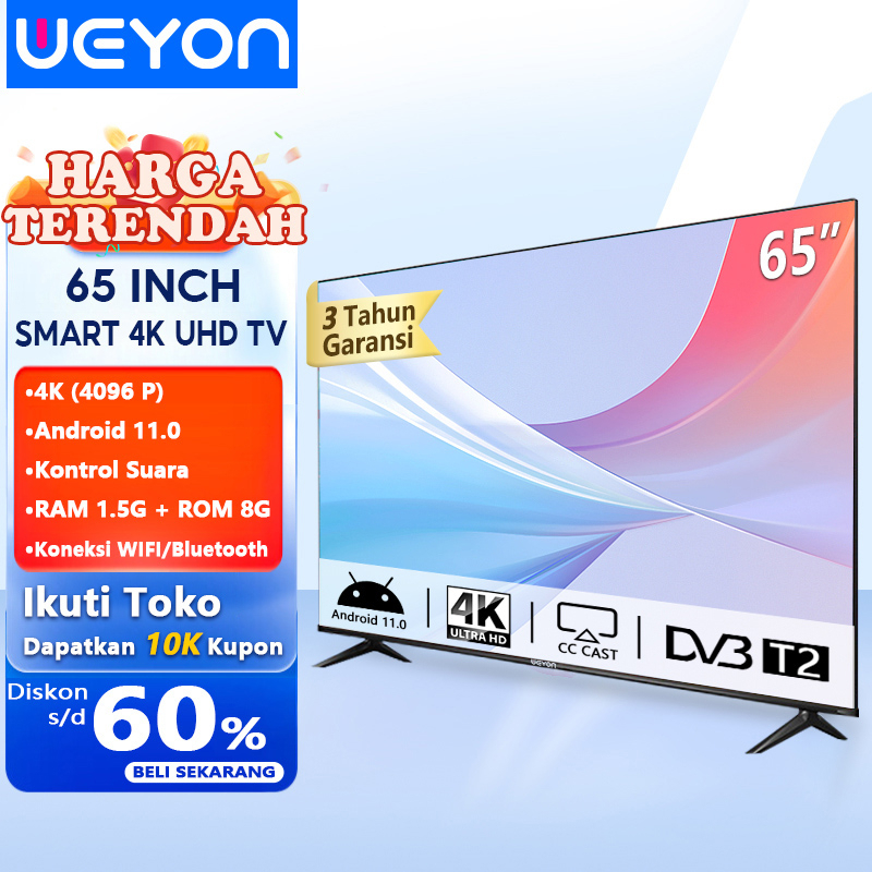 WEYON Sakura Smart TV 50 inch 55 inch 65 inch TV Android 4K UHD Smart led TV Murah Promo-AI Siaran suara-Netflix &amp; Youtube- Wifi-Android 11.0-1.5G+8G