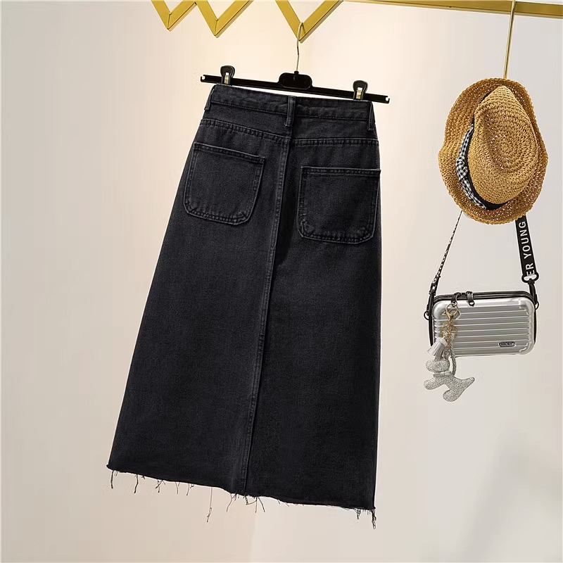 Korean Kelabu Hitam Highwaist A-Line Rok Jeans Rawis Rok Jeans Wanita Kekinian