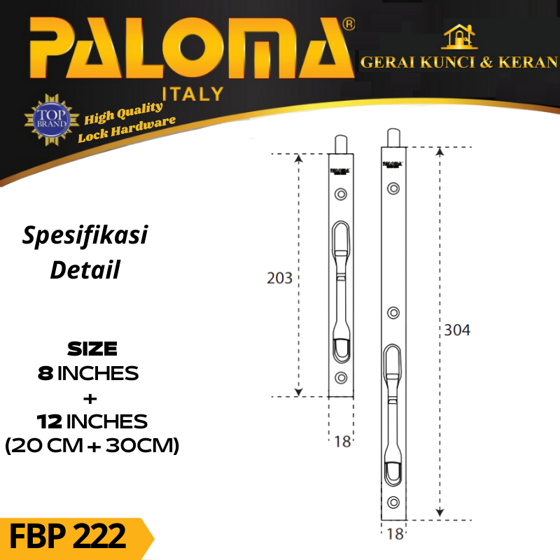 PALOMA FBP 222 GRENDEL TANAM FLUSH BOLT FUTURA 8&quot;+12&quot; MATTE BLACK