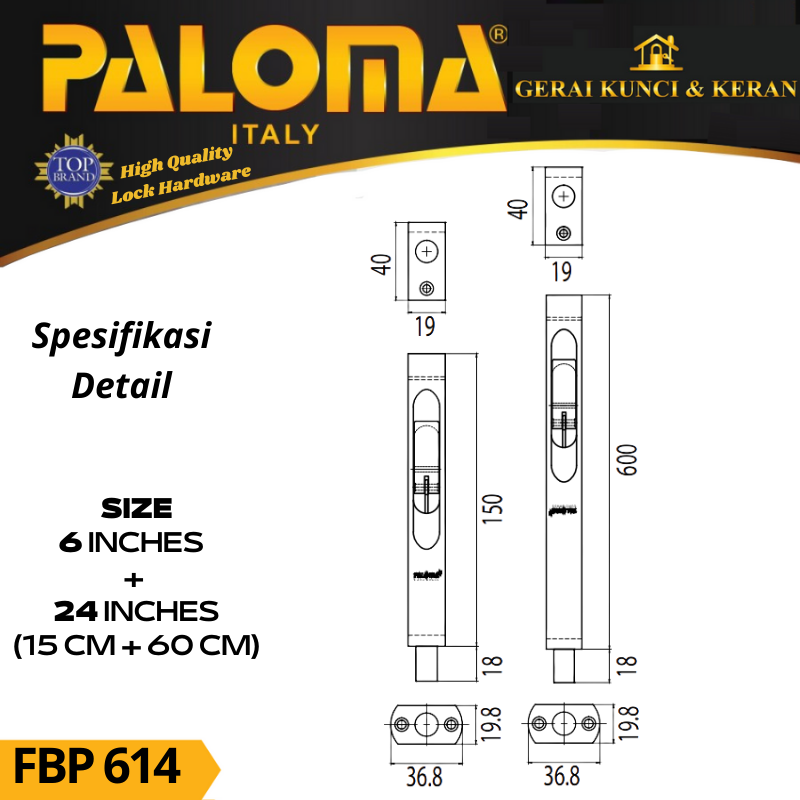 PALOMA FBP 614 Grendel Tanam Slot Pintu Flush Bolt PALOMA SABRINA 6&quot;+24&quot; SN  (15+60CM) BRASS