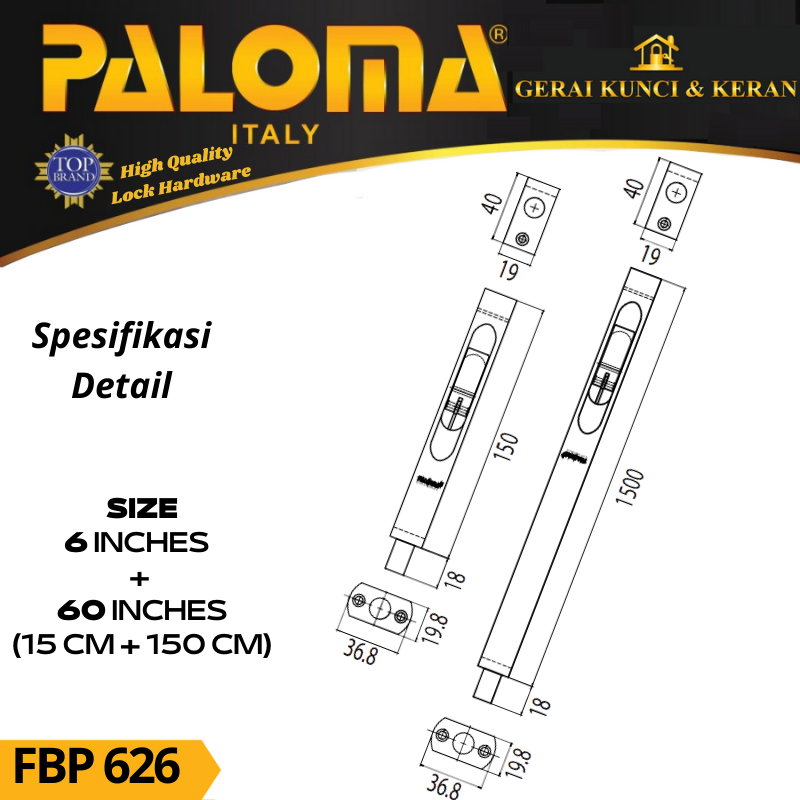 PALOMA FBP 626 Flush Bolt  SABRINA 6&quot;+60&quot; Grendel Tanam Slot Pintu SN