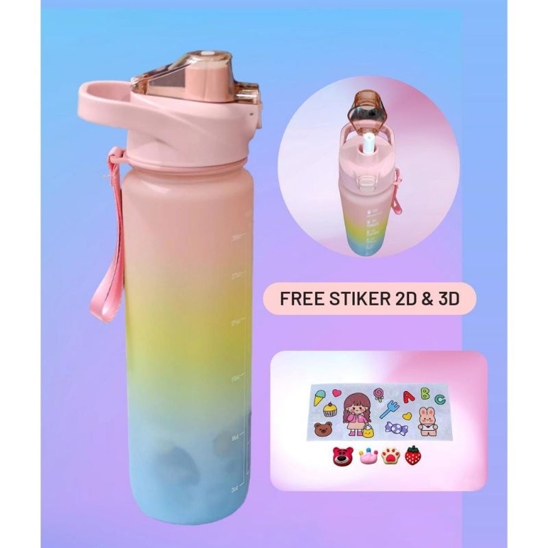 botol minum motivasi tutup flip 1 liter rainbow gratis stiker 3d&amp;2d