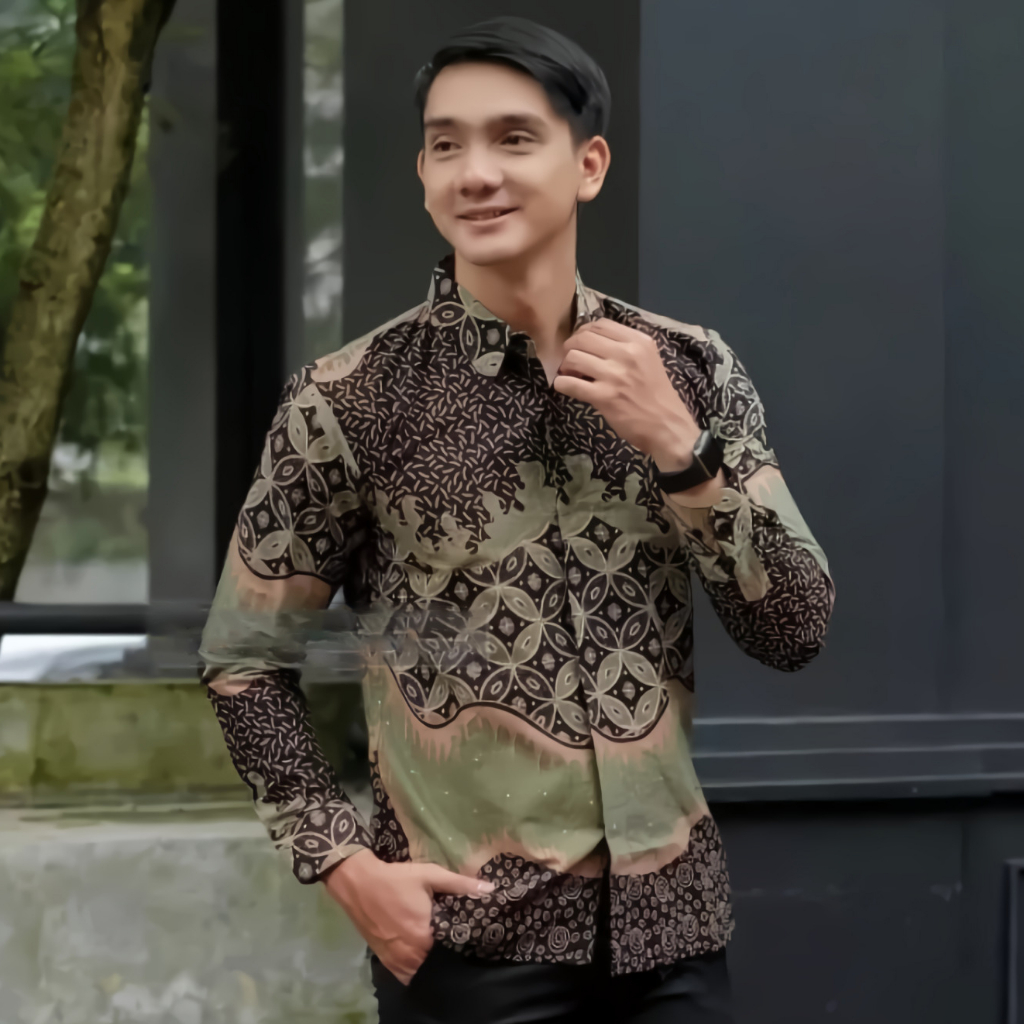 NEW ARRIVAL DISTRO KEMEJA BAJU BATIK PRIA LENGAN PANJANG PRIA COWO COWOK BORDIR SOGAN HRB026 MODERN