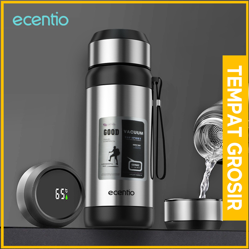 ecentio Thermos 1 liter silver kapasitas besar 1000ml Termos air panas Led Display Botol Minum stainless steel 304 outdoor