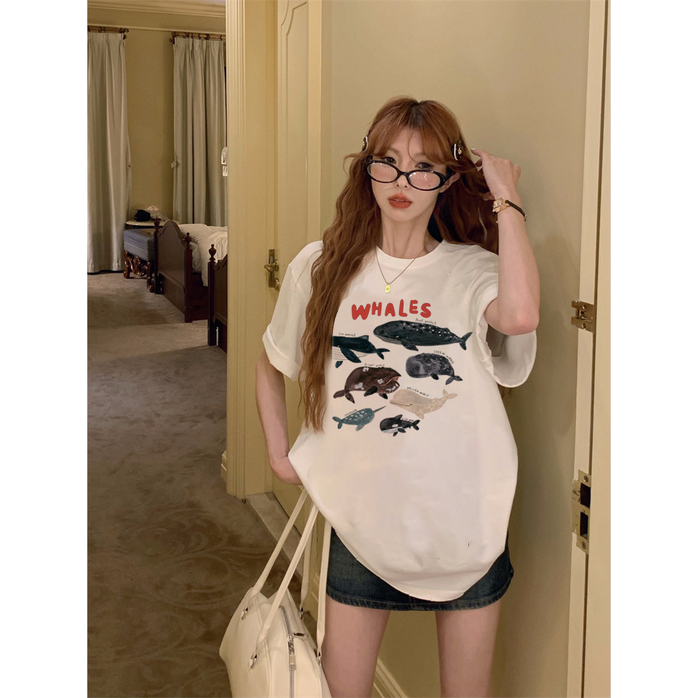 EUNII T-shirt Lengan Pendek Cartoon Fish Korean Style/Kaos Atasan Wanita/Baju Kaus Oversize Wanita/Kaos Wanita