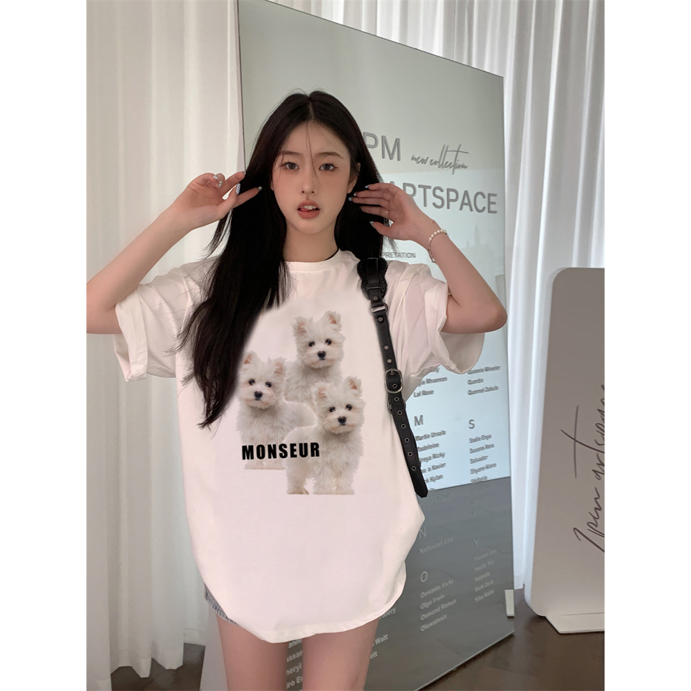 EUNII T-shirt Lengan Pendek Cartoon Monseur Dog Korean Style/Kaos Atasan Wanita/Baju Kaus Oversize Wanita/Kaos Wanita