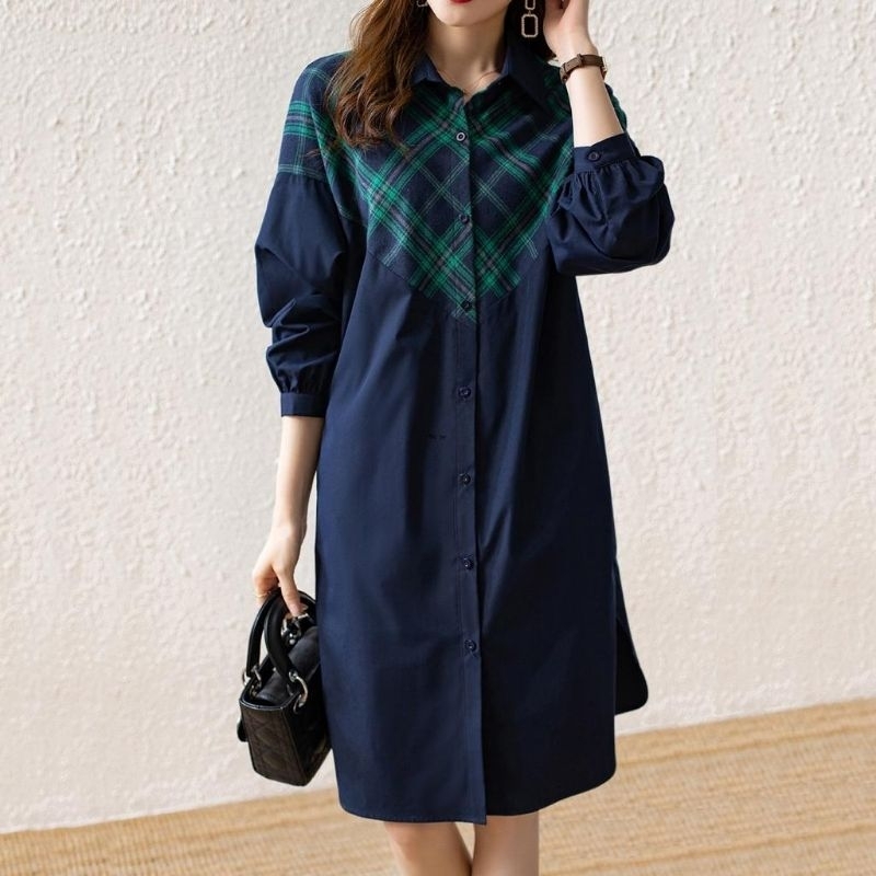 1874 Baju DRES KEMEJA PATCHWORK LONG SKIRT lengan panjang dres Korea Korean style wanita premium nav