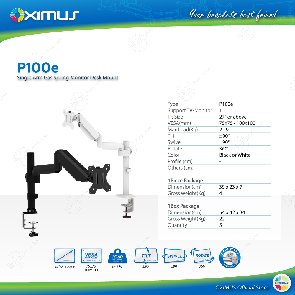 BRACKET MONITOR DESKMOUNT GAS SPRING OXIMUS P100e TILT SWIVEL ROTATE