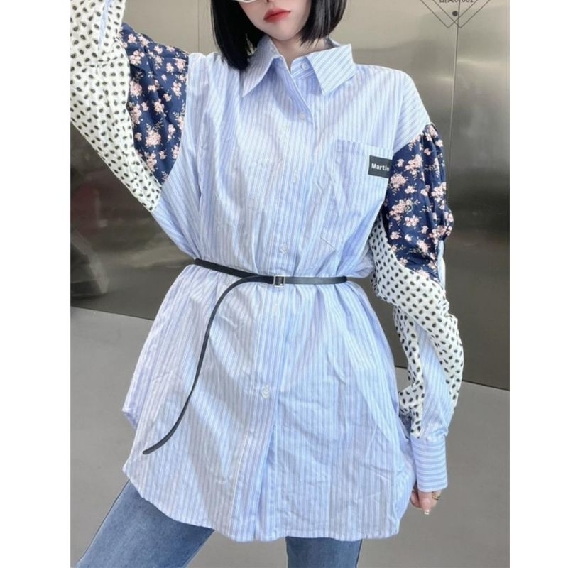 MDLV ~ 2460# Florena Patchwork Shirt Kemeja Salur Polka