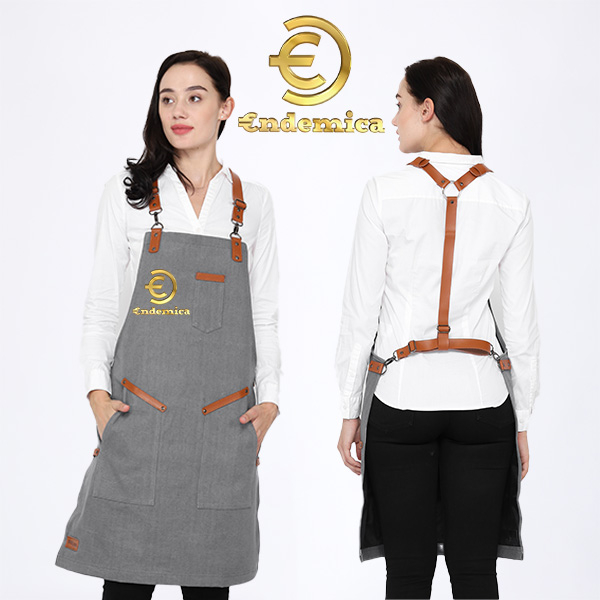 Apron barista Celemek cafe Apron barbershop  black denim &amp; synthetic leather crossback strep for barista/barbershop