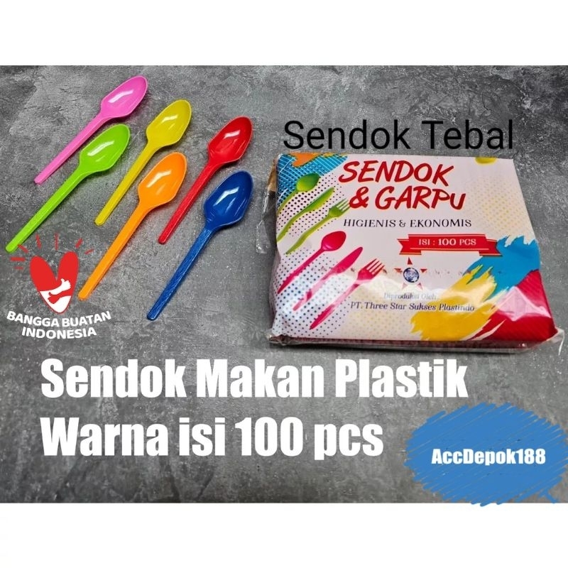 SENDOK MAKAN / SENDOK PLASTIK PANJANG TEBAL WARNA WARNI MEREK 3 STAR / BIG SPOON ISI 100 PCS WARNA BENING / UNGGU / PINK / HIJAU / ORENG / KUNING / BIRU / MERAH