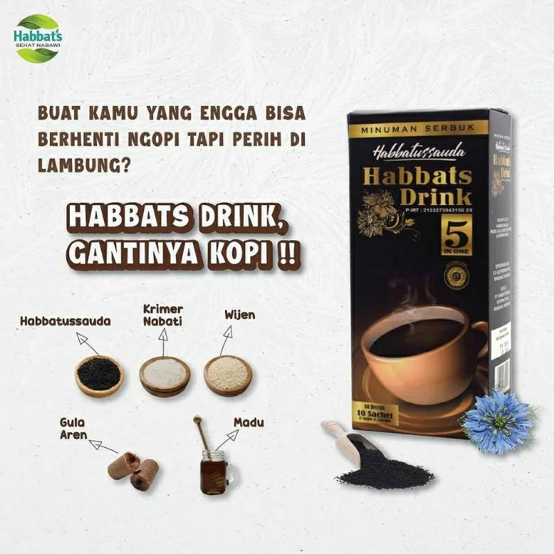 

Habbats Drink isi 10 pcs - Minuman Habbatusauda, Gula Aren, Krimer Nabati, Madu, Biji Wijen