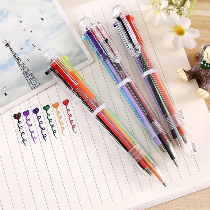 Pulpen Transparan Ballpoint 6 Warna isi Tinta 6in1 Pena 0.5mm / Perlengkapan Menulis Multicolor Pen Case Transparent Bolpen Mix Colour Alat Tulis Kantor Sekolah Warna Warni [MF]