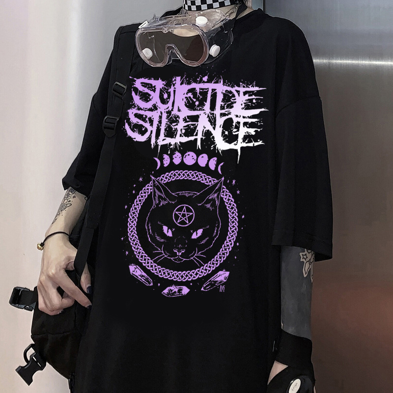 [ GOTH ] Punk Dark clothing Female Oversized Loose Ladies Top Gothic Tshirts Harajuku Clothes / Punk Gelap Pakaian Wanita Kebesaran Longgar Wanita Top Gothic Tshirts Pakaian Harajuku 8056 (L/XL)