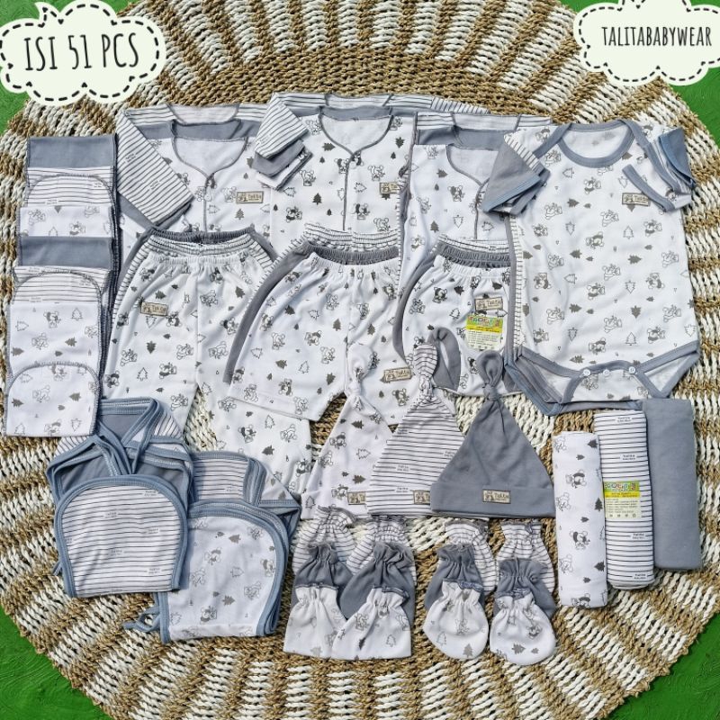 51 PCS Perlengkapan Bayi Baru Lahir Paket Brojol Baby Newborn komplit Paket Lengkap Baju Bayi Seri Abu talitababywear