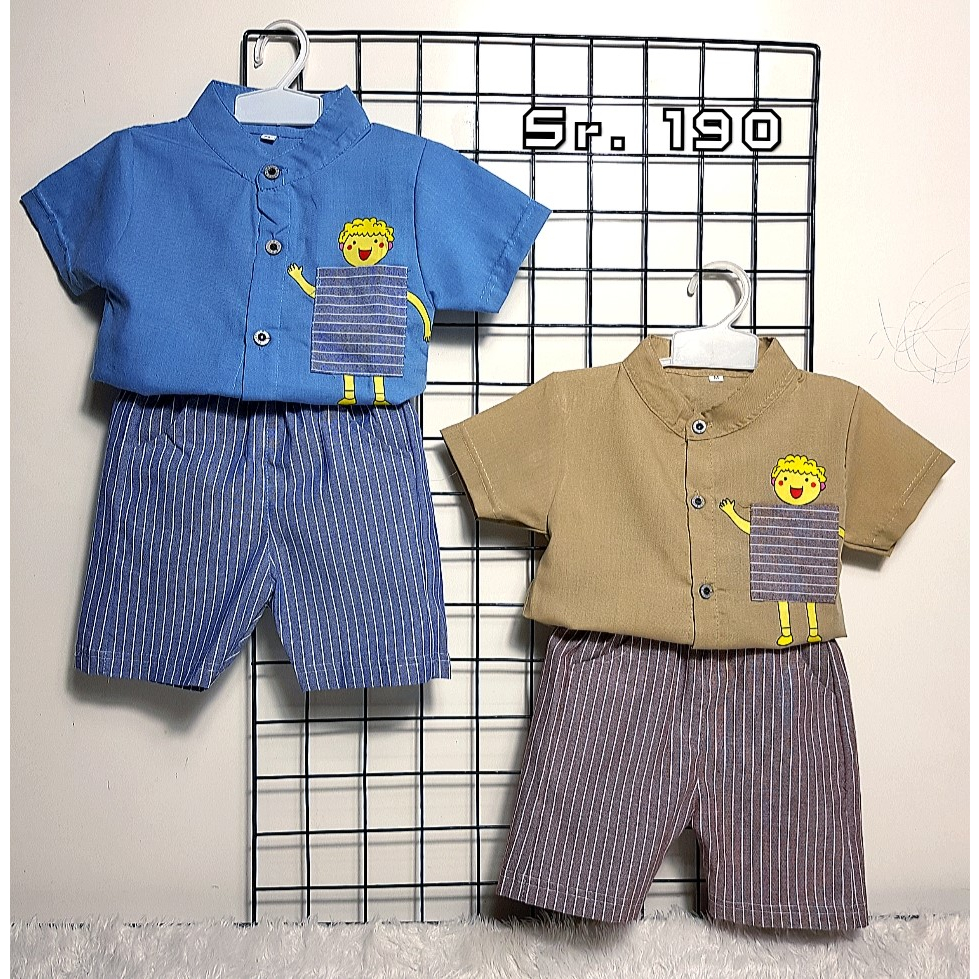 SETELAN ANAK LAKI LAKI/KEMEJA ANAK LENGAN PENDEK/CELANA PENDEK/MOTIF SABLON KARTUN/UNTUK ANAK USIA 6 BULAN SAMPAI 4 TAHUN/BIA COD