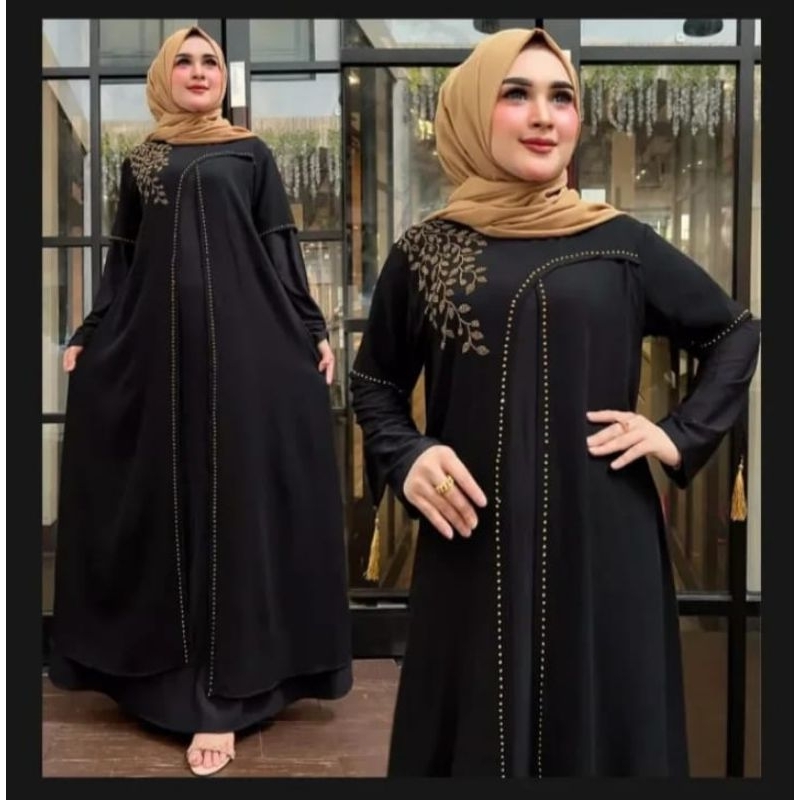 GAMIS ABAYA TURKI FULL PAYET GOLD SIMPLE MEWAH