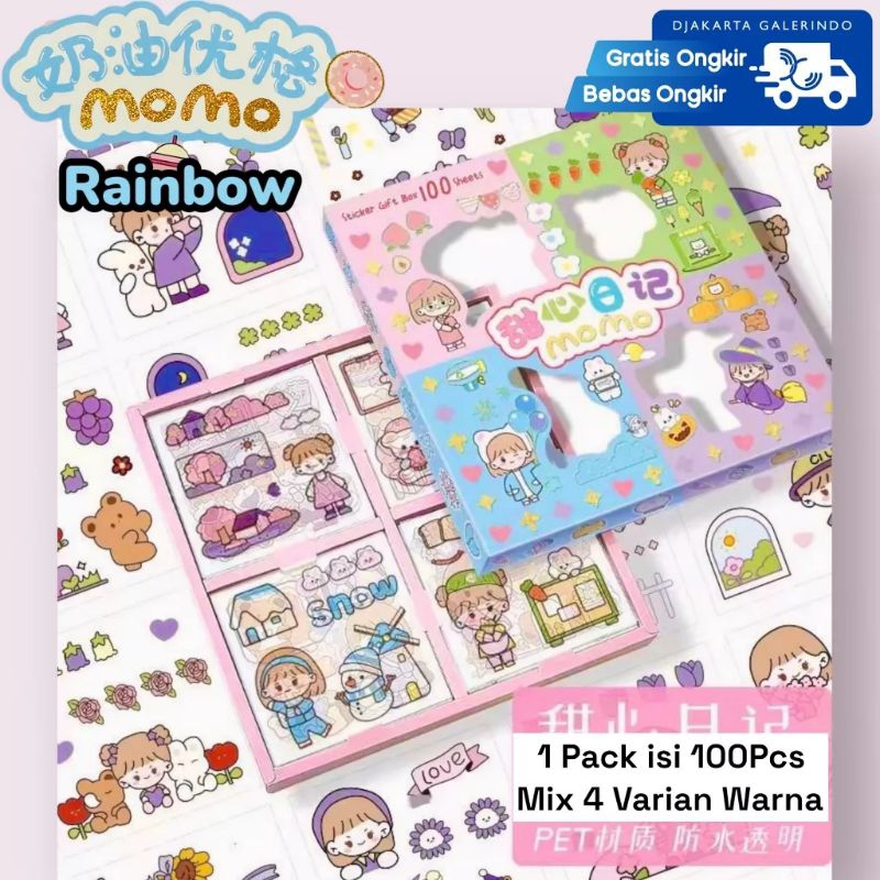 

1 Box Isi 100 PCS Sticker Aesthetic Momo Rainbow dengan 4 Warna Dalam Satu Box